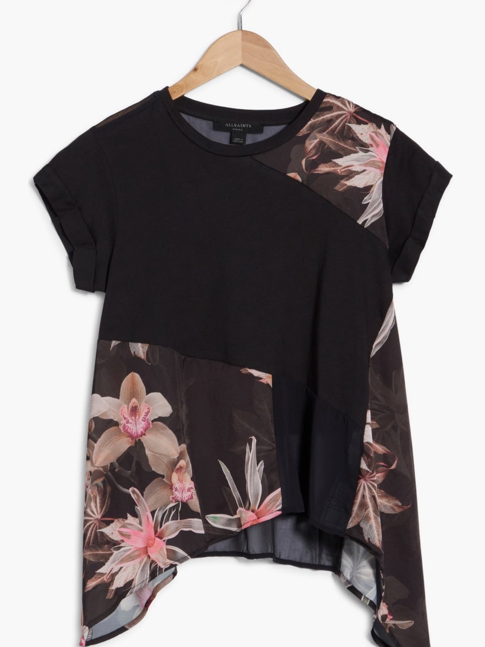 All Saints Black Floral-Panel Short Sleeve Tee with Pink Accents